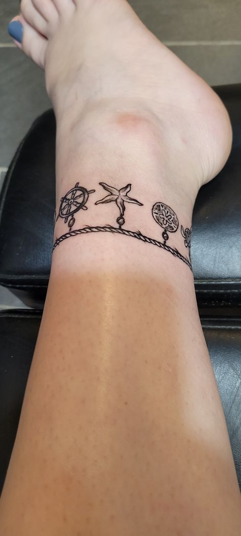 Ocean Anklet Tattoos For Women, Beachy Anklet Tattoos, Ankle Tattoos For Women Anklet Ideas Charm Bracelets, Beachy Hand Tattoos, Hawaiian Ankle Tattoos For Women, Anklet Bracelet Tattoo, Ocean Bracelet Tattoo, Hawaiian Ankle Tattoo, Beach Themed Tattoos For Women