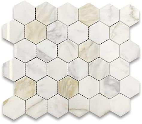 Gold Tiles Bathroom, Hexagon Tile Bathroom, Hexagon Marble Tile, Calcutta Gold Marble, Calcutta Marble, Hexagon Tile Floor, Gold Tile, Hexagon Mosaic Tile, Calacatta Gold Marble