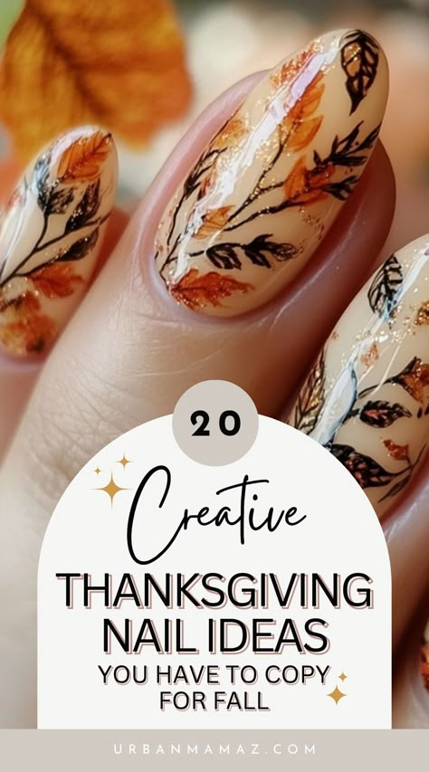 Looking for creative Thanksgiving nail ideas you have to copy for fall? Check out these 20 top Thanksgiving nail ideas to get ready for fall this year. Fall Nails Maple Leaf, Thanksgiving Ombre Nails Ideas, Thanksgiving Nails Dipped, Nail Art For Thanksgiving, Turkey Feather Nails, Chrysanthemum Nail Art, Nail Art With Leaves, Thanksgiving Nail Art Designs Fall, Halloween Thanksgiving Nails