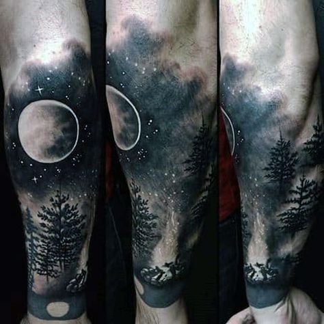 Campfire Tattoo, Kurt Tattoo, Night Sky Tattoos, Forest Tattoo Sleeve, Galaxy Tattoo Sleeve, Space Tattoo Sleeve, Natur Tattoo Arm, Sky Tattoos, Monster Tattoo