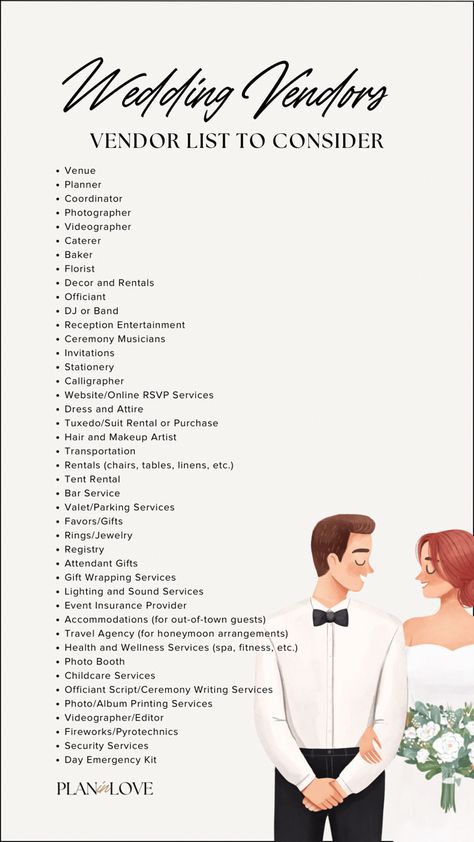 Wedding Vendor List Vendors to Book Wedding Planner To Do List, Wedding List Of Things To Do, List Of Wedding Vendors, To Do Wedding List, Vendors For Wedding Checklist, Vendors List For Wedding, Wedding Planning Book Ideas, Fun Wedding Vendors, List Of Vendors For Wedding