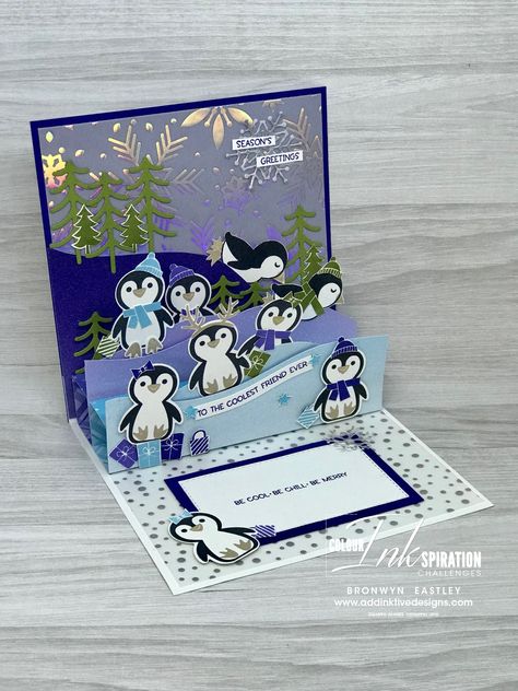 Penguin Place Pop-Up Card for Colour INKspiration #132 – Addinktive Designs Xmas Goodies, Pop Up Christmas Cards, Tarjetas Pop Up, Fancy Fold Card Tutorials, Card Sketch, Penguin Christmas, Card Crafts, Interactive Cards, Country Crafts