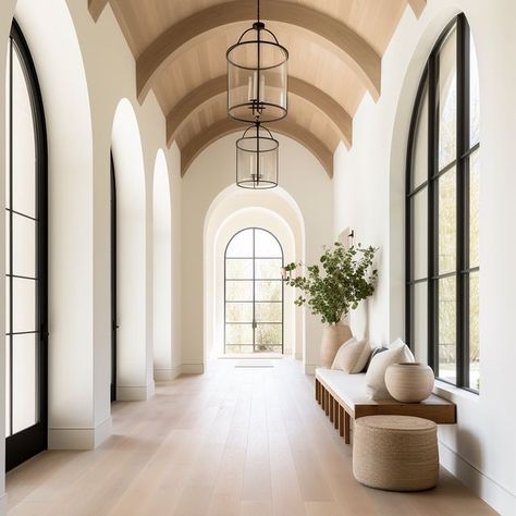 Jelena Tosic | JT DESIGNS on Instagram: "Moody Midweek: Embrace designs that inspire! What do you think is the common design element / theme in all of these designs? Design By: JT Designs #arches #moodyrooms #traditionaldesign #moodymidweek #interiordesign" Arch In Hallway Entrance, Arched Ceiling Ideas, Decorative Hallway Ideas, Arch House Design Interior, Boho Home Interior Design, Organic European Interior Design, Arch Entryway Interior, Arches In Homes Interiors, Arch Ceiling Design