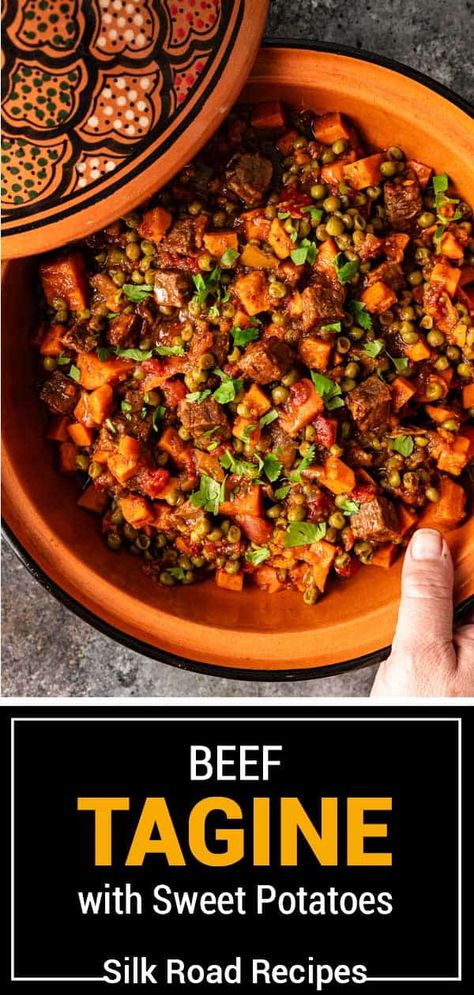 This recipe for beef tagine (or made in a Dutch oven) with sweet potatoes is a Moroccan dish flavored with preserved lemon and ras-el-hanout. Beef Tagine Recipes, Moroccan Beef Stew, Moroccan Tagine Recipes, Beef Tagine, Tajin Recipes, Moroccan Beef, Tagine Cooking, Beef And Potato Stew, Sweet Potatoes Recipe