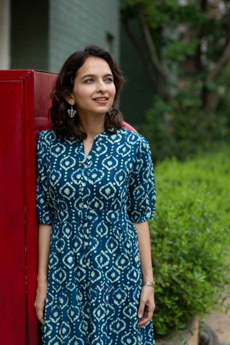 Kessa Vcr190 Saswati Cotton Handblock Dress Featured Dress Neck Patterns Indian Kurti Cotton, Indigo Churidar Design, Color Neck Kurti Designs Latest, Dress Indian Style Simple Cotton Neck Design, Collar Neck Dress Designs, Dress Indian Style Cotton, Collar Neck Kurtis, Simple Kurti Designs Cotton Printed Casual, Collar Suit Designs