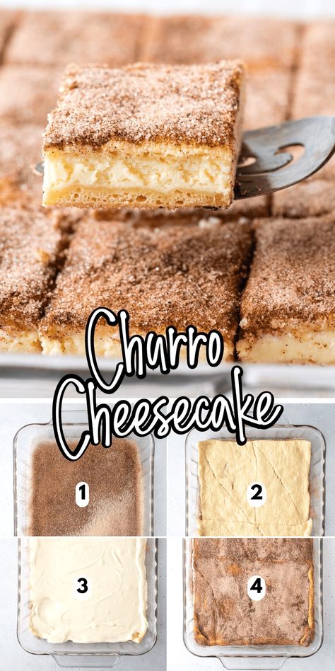 With a buttery, flaky crust, cinnamon sugar topping, and creamy, tangy cheesecake filling, this Churro Cheesecake is both easy to make and ridiculously good. These cheesecake bars require just 6 ingredients and are perfect for serving a crowd! Cheesecake Churro, Churro Cheesecake Bars, Traditional Mexican Desserts, Cinnamon Desserts, Churro Cheesecake, Cheesecake Bar Recipes, Easy Cheesecake Recipes, Mexican Dessert, Easy Cheesecake