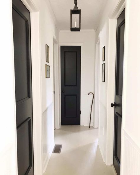 Black Hallway Doors, Black French Doors Interior, Diy Door Makeover, Hallway Doors, White Shelving Unit, Black Interior Door, Grey Interior Doors, Black Hallway, White Interior Paint