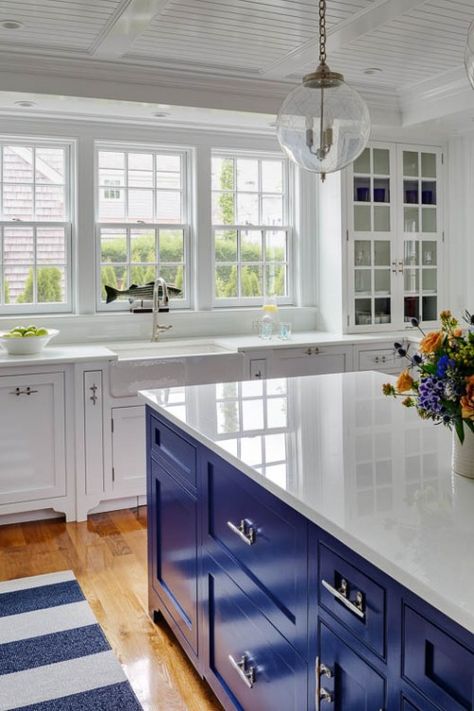 Patrick Ahearn (who was the 2015 HGTV Martha Vineyard architect). Blue Kitchen Decor Ideas, Kitchen Open Concept, Blue Kitchen Island, Kitchen Island With Sink, Preppy Kitchen, Blue Kitchen Decor, Blue Kitchen Cabinets, Blue Cabinets, Classic Kitchen