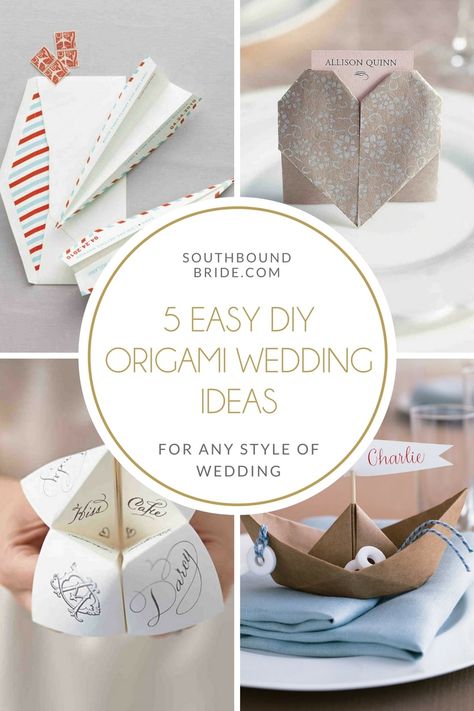 5 Easy DIY Origami Wedding Ideas | SouthBound Bride Origami Wedding Favors, Origami Centerpiece Wedding, Origami Wedding Decorations, Cricut Origami, Origami Wedding Decor, Wedding Origami, Dollar Tree Diy Wedding, Easy Wedding Diy, Origami Wedding Invitations