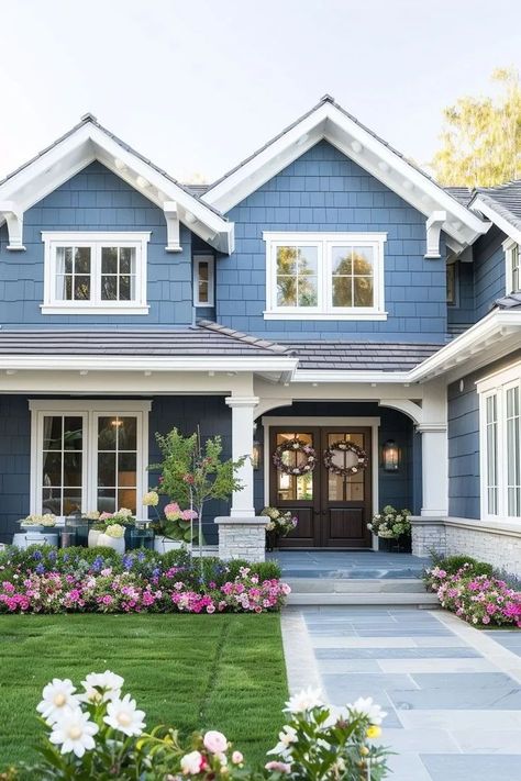 Choosing An Exterior Paint Color: 7 Tips that'll Make it Easy - Kaitlin Madden Home Blogger White House Blue Shutters Coastal, Southern Living Exterior Paint Colors, Light Blue House Exterior White Trim, Blue House With Green Door, Blue House Landscaping Ideas, Exterior House Paint Color Combinations Coastal Beach Cottages, Blue House Front Porch, Beach House Paint Colors Exterior Home, Blue House Paint Exterior