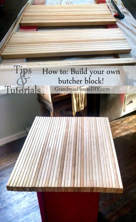 Wood working diy inexpensive butcher block tutorial ideas tips. See how I built a butcher block for the top of my red kitchen island built out of an old radio cabinet. Butcher Block Diy, Diy Butcher Block Countertops, Butcher Block Ideas, Red Kitchen Island, Diy Butcher Block, Butcher Block Island Kitchen, Island Counter, Diy Kitchen Table, Clean Kitchen Cabinets