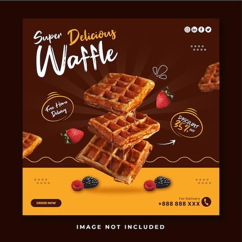 Waffle social media promotion template | Premium Vector #Freepik #vector #food-post #fast-food-post #food-offer #food-promotion Waffle Social Media Design, Waffle Poster, Fast Food Social Media Post, Waffle Day, Chocolate Packaging Design, Food Promotion, Food Post, Vector Food, Social Media Promotion