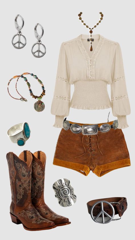 Western hippie outfit #outfitinspo #vintage #western #westernaesthetic #westernaesthetic #westernfashion #hippie #70saesthetic #70sfashion Western Hippie Outfits, Western Hippie Aesthetic, 70s Summer Outfits, Western Ideas, Western Girl Outfits, Hippie Aesthetic, Chill Fits, Western Girl, School Fits