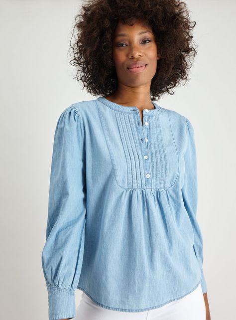 Our denim pintuck blouse offers a Western-inspired update to your casual wardrobe. With long sleeves, a Henley-style neckline, and crafted from pure cotton, this is perfect for teaming with a chunky cardi and cowboy boots to finish.  Online exclusive  Denim pintuck blouse  Long sleeves  Henley-style neckline  Pure cotton  Model wears a size 10 Model's height is 5'10" Material 100% Cotton Care Machine washable Product code 137227943 Indigo Blouse, Pintuck Blouse, Size 10 Models, Blouse For Women, Blouse Patterns, Pin Tucks, Long Blouse, Linen Clothes, Spring Summer Outfits