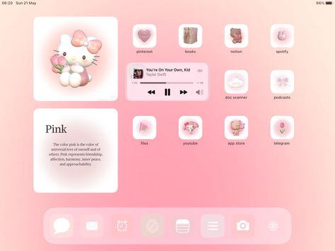 Pink Aesthetic Ipad Layout, Cute Ipad Homescreen Ideas Pink, Ipad Ios 15 Homescreen Ideas Pink, Ipad Pink Layout, Ipad Home Screen Layout Pink, Tablet Theme Ideas, Ipad Homescreen Ideas Pink Widget, Ipad Homescreen Ideas Aesthetic Pink, Tablet Aesthetic Organization