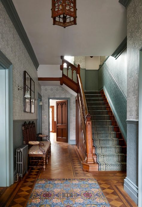 An unusual gothic revival house in north London with a dramatic interior by Maddux Creative | House & Garden 1900s Interior Design Old Houses, 1870s House Interior, 1890s Interior Design, 1890 House Interior, Edwardian Interior Design, Maddux Creative, Dado Rail Hallway, 1910s House Interior, Renovated Victorian House