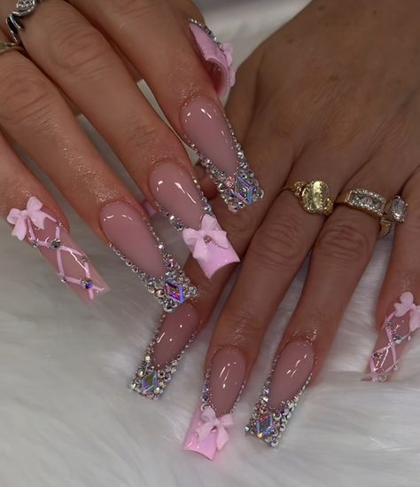 Pink Nail Designs Bling, Triple Pink Nails, Pink Nails Acrylic With Rhinestones, Birthday Nails 17th Birthday, 15 Birthday Nails Acrylic, Pink 21st Birthday Nails, 21 Birthday Nail Ideas, 16 Birthday Nails Acrylic, Birthday Baddie Nails