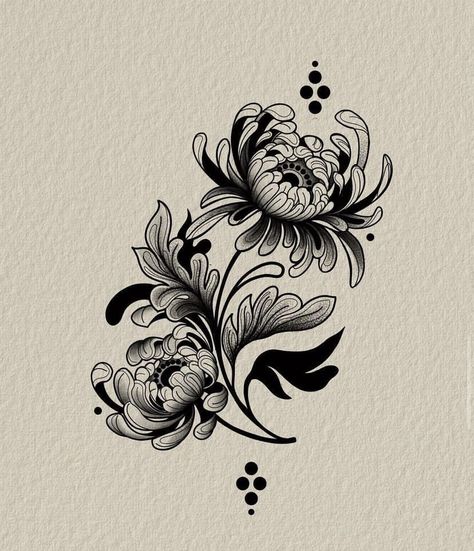 Thigh Pieces Tattoo, American Trad Flower Tattoo, Classic Japanese Tattoo, Persian Art Tattoo, Crsanthmum Flower Tattoo, Japanese Ink Drawing, Crysantenum Tattoo, Chrisantem Tattoo, Tattoo Coverup Ideas Women