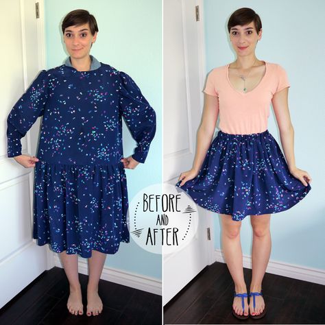 Dress To Skirt Refashion  •  Free tutorial with pictures on how to make a skirt in under 30 minutes #howto #tutorial Make A Dress Into A Skirt, How To Make A Skirt From A Dress, How To Make A Skirt Out Of A Dress, How To Make A Dress Into A Skirt, Upcycle Dress Refashioning, Dress To Skirt Diy, Dress To Skirt, Repurposing Clothes, Upcycling Shirts