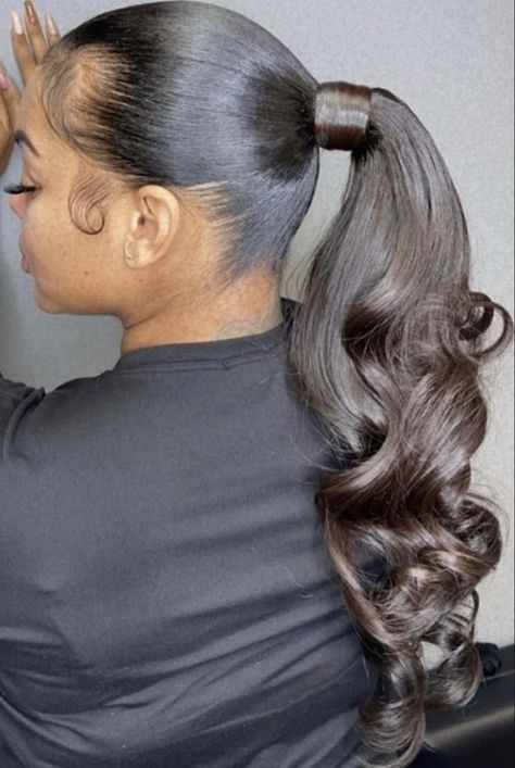 Slick Back Ponytail With Curls, Ponytail With Side Part, Ponytail Side Part, Ponytail With Curls, Wave Braids, Slick Back Ponytail, Back Ponytail, Slicked Back Ponytail, Weave Ponytail Hairstyles