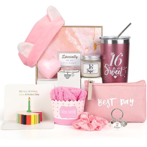 PRICES MAY VARY. 16th Birthday Gifts:Turning 16 is a very important birthday milestone, and to celebrate this special milestone of turning 16, we have curated an exclusive set of "16th Girl Birthday Gifts". This exquisite pink themed gift basket set is the perfect gift for her 16th birthday to let her know she is special! Unique 16th Birthday Gift Idea for Girls:Each birthday gift for girls has been carefully curated to ensure it is something an 16 year old girl will love. From practical tumbler 16th Birthday Gifts For Girls, Sweet 13, Teenager Birthday Gifts, Sweet 16 Birthday Gifts, Sweet Sixteen Gifts, Surprise Birthday Gifts, Wine Socks, Basket Gifts, 13th Birthday Gifts