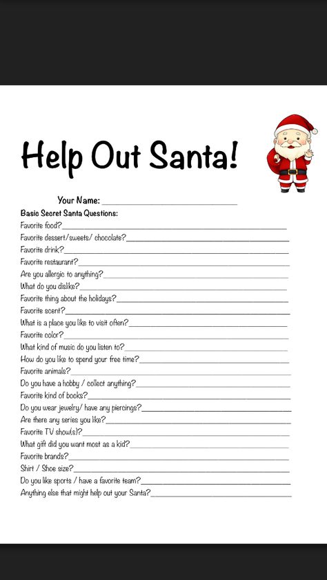 Help out Santa pick out the best gift for you by filling out this questionnaire! All About Me Secret Santa, What To Get Your Friend For Christmas Secret Santa, Questionnaire For Christmas Gift Ideas, Questionnaire For Gift Giving, Presents For Secret Santa, Christmas List Questionnaire, Secret Santa Questionnaire For Friends, Secret Santa List Ideas, Questions For Secret Santa