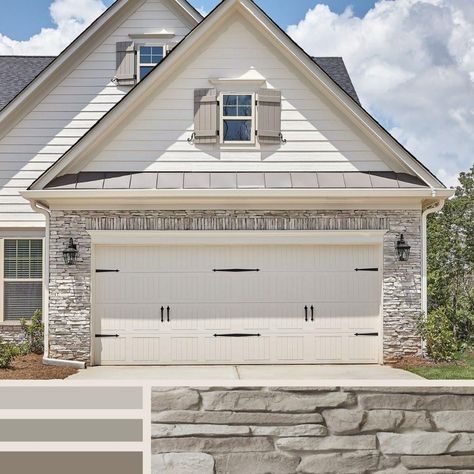 How to Use Stone to Make Your Old Garage Look New | Horizon Stone Stone Around Garage Doors, Stone Garage Ideas, Garage With Stone And Siding, Stone On Garage Exterior, House With Stone Accent Exterior, White House With Stone, Stone Garage, Horizon Stone, White Garage Doors