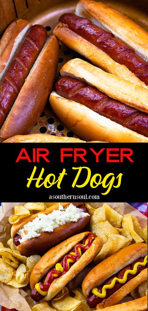 Make the VERY BEST hot dogs ever in the air fryer! Cooked in less than 10 minutes, these hot dogs are crispy on the outside, juicy on the inside, and nestled in a toasted bun. This fast, easy way to serve up a family favorite treat is great whether you are feeding a hungry family or a crowd. Air Fryer Hot Dogs, Fried Hot Dogs, Cooks Air Fryer, Air Fry Recipes, Hot Dog Recipes, Easy Air Fryer, Air Fryer Dinner Recipes, Family Dinner Recipes, Air Fryer Recipes Easy