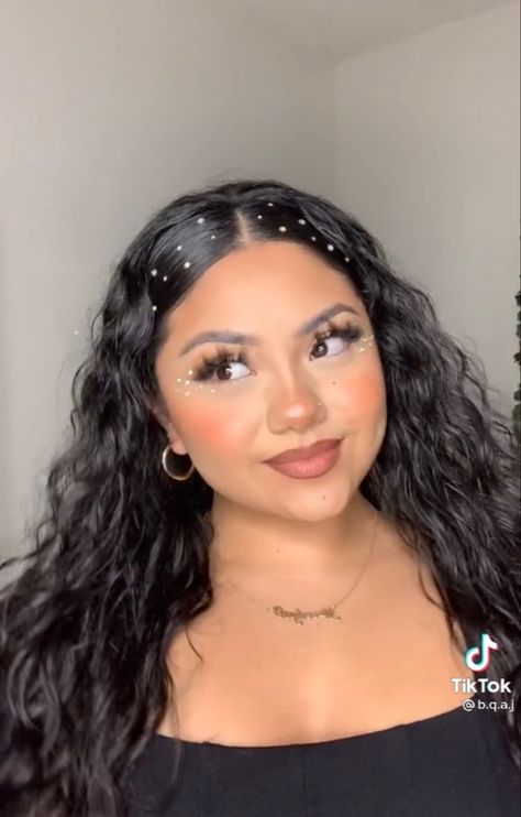 Gems In Curly Hair, Rhinestone Curly Hair, Homecoming Hairstyles With Gems, Rhine Stone Hairstyles, Slick Back With Gems, Hairstyle With Diamonds, Hair Rhinestone Hairstyles, Curly Hair With Pearls, Gems Hairstyle