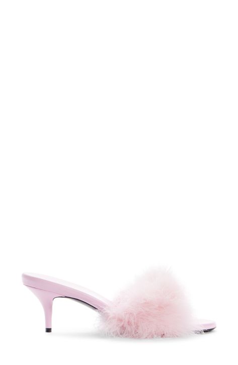 A fluffy plume of feathers adds vintage-starlet allure to this almond-toe slide sandal perched on a sculpted heel that adds just-right height. 2 3/4" (70mm) heel Turkey feather and textile upper/leather lining and sole Made in Italy Designer Shoes Feather Slippers, Fluffy Heels, Fluffy Sandals, Lirika Matoshi, Fashion Shoes Heels, Turkey Feathers, Pink Heels, Womens Slippers, Slide Sandals