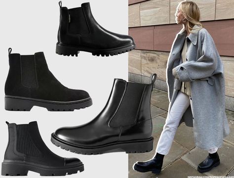 How To Style Chunky Chelsea Boots Women, Chunky Chealse Boots Outfit, Chunky Heel Boots Outfit How To Wear, How To Style Chunky Boots With Jeans, Low Black Boots Outfit, Jeans And Chunky Boots Outfit, Black Chunky Boots Outfit Winter, Chunky Sole Boots Outfit, Chunky Boots And Dress Outfit