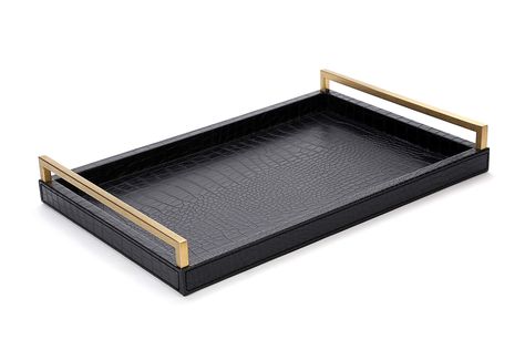 PRICES MAY VARY. Unique& Simple Design: Decorative Tray in black crocodile leather with brushed gold stainless steel handles is an elegnat accent piece in your home Multi Use: as coffee table tray and ottoman tray, organize all of your daily essential's such as key's daily mail, magazine, perfume, make up, controller holders, keys, candles, glasses, watches, flower vases for living room Large Serving Tray: Outer dimension:17.8*11.8*2.4 inch (45*30*6cm), it is enough large for serving dinner plat Coffee Table Decor Tray, Tray Ottoman, Tray Coffee Table, Ottoman Tray, Coffee Table Tray, Steel Product, Gold Handles, Leather Ottoman, Crocodile Leather