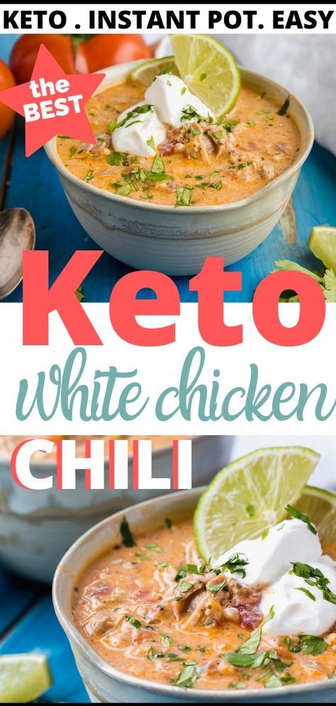 Feb 25, 2020 - Keto White Chicken Chili Recipe - This chili is guaranteed to disappear fast! The whole family will love this dinner and you'll love that it is easy to make and can have dinner ready in less than 30 minutes. This chicken chili is creamy, hearty and spicy. Instructions for instant pot, slow cooker and stove top! Plus this makes an excellent freezer meal. www.ketofocus.com #ketochili #ketowhitechickenchili #ketoinstantpotrecipes #ketoinstantpot #easyketodinners #easyketochickendinne Keto White Chicken Chili, Chili White Chicken, Chicken Chili White, Keto Chili, Pot Recipes Healthy, White Chili, White Chili Chicken Recipe, Chicken Chili Recipe, Recetas Keto