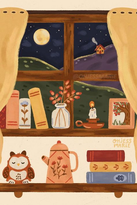 A cozy illustration of a book lover’s windowsill with a lovely nighttime view of hills and the moon, featuring book stacks, a teapot, flowers, and a vintage candle. Cottagecore | Book lover | Book art | Cozy art | Hygge art | Art prints #artprint #cottagecore #booklover Cozy Home Illustration Art, Cozy House Illustration, Cozy Purple Aesthetic, Night Window Illustration, Reading Art Illustration, Cozy Home Illustration, Cottagecore Window, Goth Embroidery, Cozy Bookstore