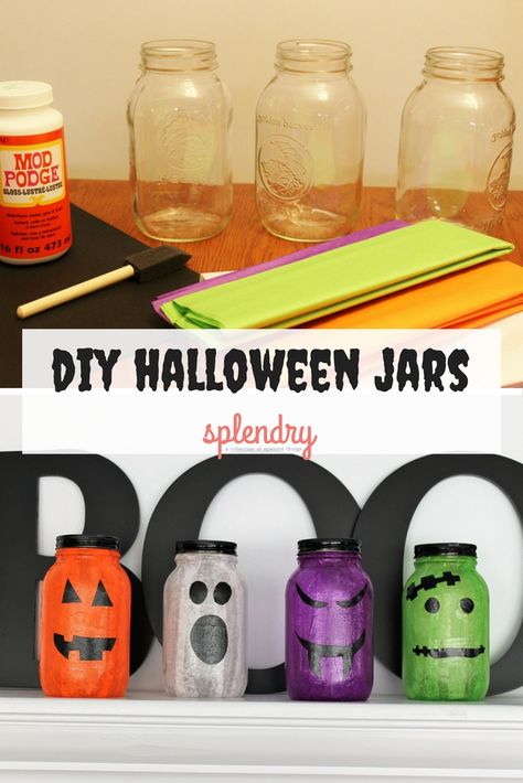 Such an easy and fun project, these DIY Halloween Jars are simple to make and you can get so creative! Kids will love this activity and you'll have fun too! #halloween #halloweencrafts #diy #easydiy #kidfriendly #kidcrafts Halloween Decorations Mason Jars, Diy Halloween Decorations Mod Podge, Diy Mason Jar Luminaries, Mod Podge Halloween Crafts, Diy Halloween Jars, Halloween Mason Jars Diy, Mason Jar Halloween Crafts, Diy Mod Podge, Halloween Jars