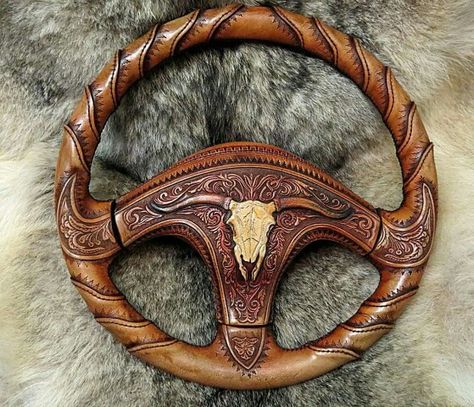 Love Truck Interior Accessories, Western Car, Cool Truck Accessories, Custom Car Interior, Leather Steering Wheel, Truck Interior, Leather Carving, Leather Art, Hand Tooled Leather