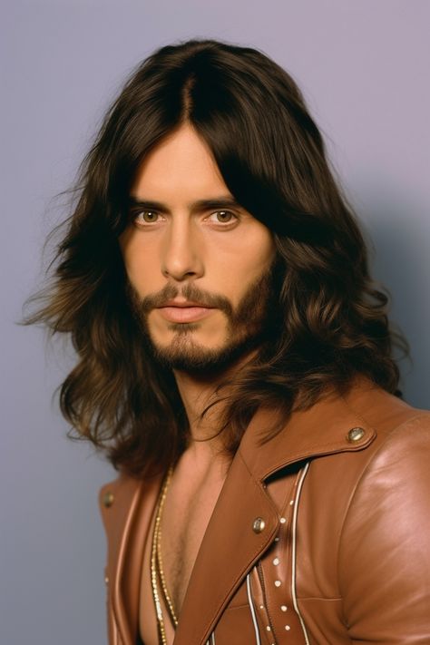 Step back in time with these iconic 70s hairstyles for menFrom longwavy locks to dark gold and light brown tresseschannel your inner rockstar in styleGet inspired by this celebrity-portrait inspired image of a man in a leather jacketexuding vintage charm. 70s Hairstyles Men Long, 70s Male Hair, Mens 70s Hairstyles, Mens 70s Hair, 1970s Mens Hair, 70s Long Hair, 70s Men Hairstyles, 70s Mens Hair, Long Hippie Hair