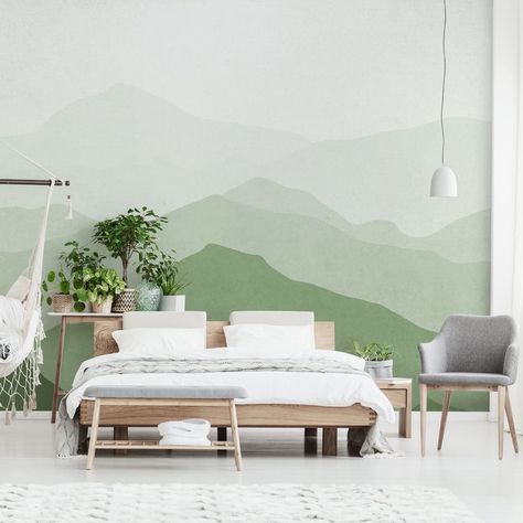 HAPPYWALL - WALL MURALS ONLINE on Instagram: “Did you know green colors are believed to relieve stress. Choose a green wall in your bedroom if you are looking for a calming effect 🙏🏻💚 .…” Calm Room, Mountain Wall Mural, Wall Murals Diy, Mountain Mural, Kids Room Paint, Green Mountains, Bedroom Murals, Bedroom Wall Paint, Wall Murals Painted