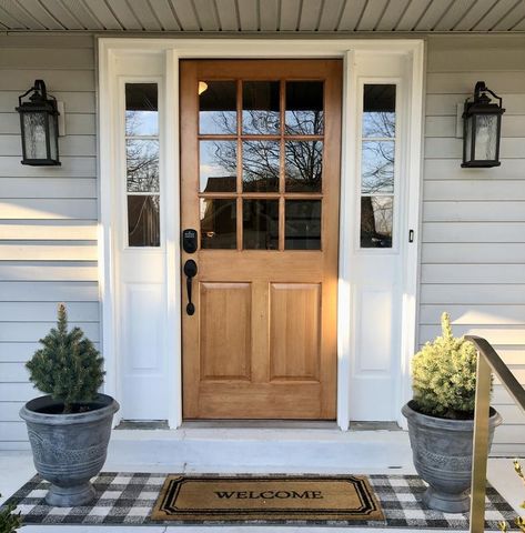 Front Door With Single Side Panel, Wood Front Door White Trim, Wooden Front Door White House, 9 Panel Glass Front Door, 36x80 Exterior Door, Half Glass Front Door With Sidelights, Single Door With Windows, 9 Lite Front Door, Farmhouse Single Front Door