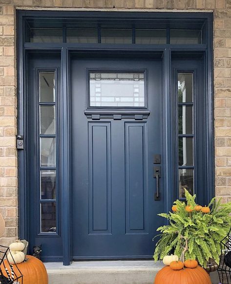 Simple Front Door Ideas, Blue Entrance Door, Blue Doors Front Entrance, Navy Blue Front Door, Blue Front Doors, Front Door Sidelights, Colorful Doors, Door Colour, Grey Siding