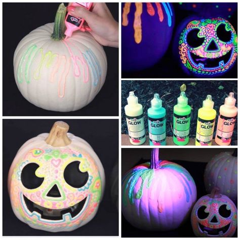 Glow In The Dark Pumpkins, Pumpkin Painting Ideas For Kids, Pumpkin Ideas For Kids, Sugar Skull Pumpkin, Painted Pumpkin Ideas, Pumkin Decoration, Creative Pumpkin Decorating, No Carve Pumpkin Decorating, Pumpkin Painting Ideas