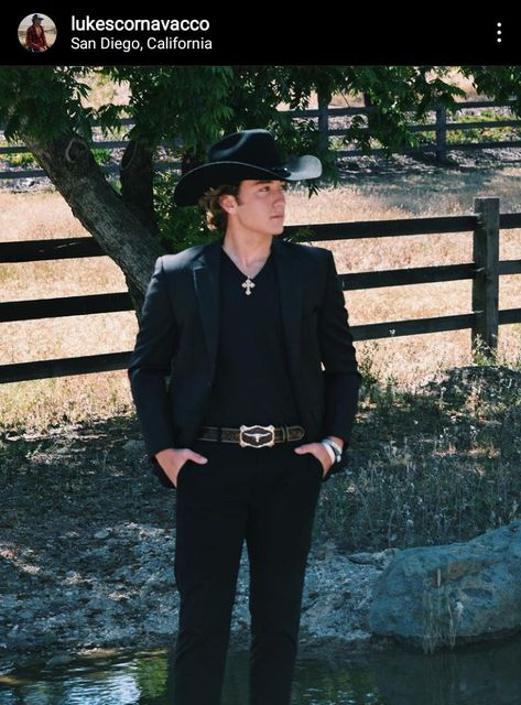 Black Western Suit Men, Black Cowboy Wedding Attire, All Black Cowboy Outfit For Men Wedding, Prom Outfits For Guys Country Cowboy Boots, Formal Cowboy Outfits Men Black, Black Western Groom Attire, Suits With Cowboy Hats, Cowboy In A Suit, All Black Western Outfit Men