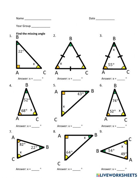 Triangles online worksheet for Grade 5. You can do the exercises online or download the worksheet as pdf. Angles Worksheet For Grade 5, Triangles Activities, Grade 6 Math Worksheets, 9th Grade Math, Triangle Math, Symmetry Worksheets, Triangle Angles, Angles Worksheet, Triangle Worksheet