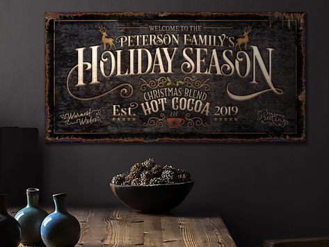 "CHOOSE BETWEEN METAL OR CANVAS  This darker vintage, Christmas sign offers a rustic, extruded metal look and feel.  I will customize this Christmas sign by integrating your custom text into the vintage art you see. Basically all text is editable so for instance,  established dates, city/states and sayings can be added or removed on any of my signs.  This makes a great gift for that special person or even yourself. Display this vintage Christmas sign anywhere in your home.  It adds warmth to any Vintage Christmas Sign, Farm Wall Decor, Distressed Signs, Dark Vintage, Outdoor Signage, Christmas Mantle, Christmas Things, Christmas Mantels, Vintage Farm