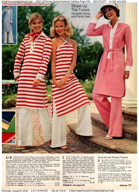 1977 JCPenney Spring Summer Catalog, Page 105 - Catalogs & Wishbooks Teen World, Versatile Dresses, Cotton Weaving, Pants Set, Spring Summer, Long Sleeve Dress, Stripes, Knitting, How To Wear