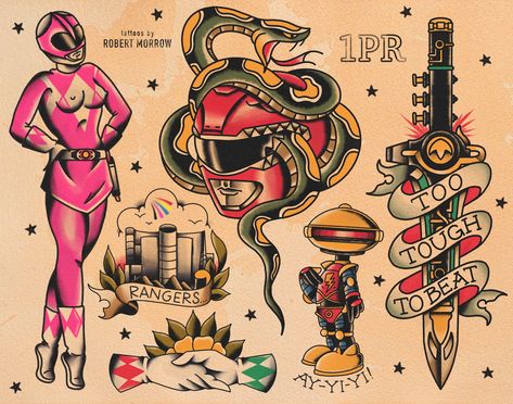 MORPHIN' TIME Traditional Tattoo Flash Print Power Rangers Traditional Tattoo, Flash Gordon Tattoo, Moonshine Jug Tattoo, American Traditional Cover Up, Nerdy Traditional Tattoo, Traditional Old School Tattoo Flash, Cosmo And Wanda Tattoo, Pinup Tattoo Traditional, Funny Traditional Tattoos