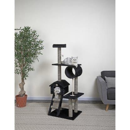 Go Pet Club Cat Tree - Black - 60 in. | Hayneedle Black Cat Tree, Cat Tree Condo, Cat Shelves, Sisal Rope, Black And White Tree, Cat Condo, Kitten Love, White Tree, Scratching Post