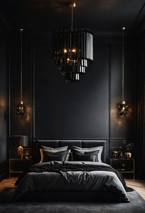 18 Bold Black Bedroom Ideas: Embrace Elegance 21 All Black Bedroom, Dark Modern Bedroom, Black Bedroom Ideas, Black Bedroom Design, Romantic Bedroom Decor, Luxury Bedroom Decor, Black Bedroom Furniture, Dark Bedroom, Gold Bedroom