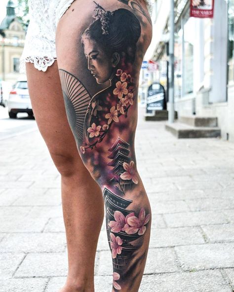 Tattoo artist Martin Sjöberg, color and black&grey authors surrealistic realistic tattoo | Sweden Tatuajes Irezumi, Tattoo Bein Frau, Geisha Tattoos, Japanese Leg Tattoo, Japanese Tattoo Women, Tato Paha, Geisha Tattoo Design, Realistisches Tattoo, Photo Realism