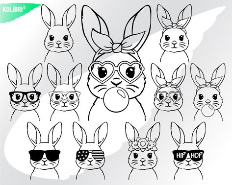 Bunny Face Drawing, Bunny Tattoo Small, Bandana Svg, Funny Easter Bunny, Rabbit Clipart, Kids Easter Shirts, Easter Svg Files, Rabbit Vector, Bunny Tattoos